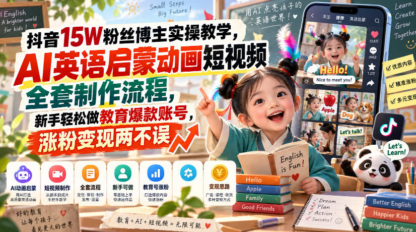 抖音15W粉丝博主实操教学，AI英语启蒙动画短视频全套制作流程，新手轻松做教育爆款账号，涨粉变现两不误-副业网