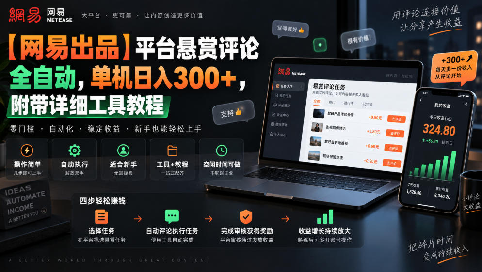 【网易出品】平台悬赏评论全自动，单机日入300+，附带详细工具教程【揭秘】-副业网
