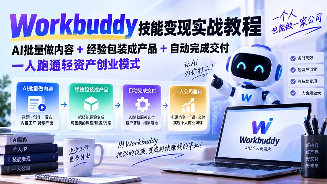 Workbuddy技能变现实战教程：AI批量做内容+经验包装成产品+自动完成交付，一人跑通轻资产创业模式-副业网