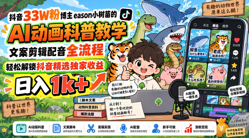 抖音33W粉博主eason小树苗的AI动画科普教学，文案剪辑配音全流程，轻松解锁抖音精选独家收益，日入1k+-副业网