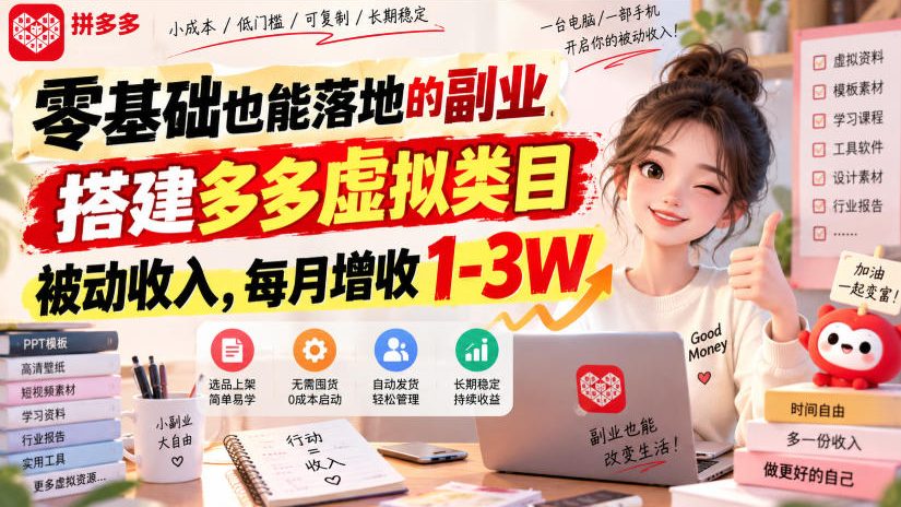 零基础也能落地的副业，搭建多多虚拟类目被动收入，每月增收1-3W【揭秘】-副业网