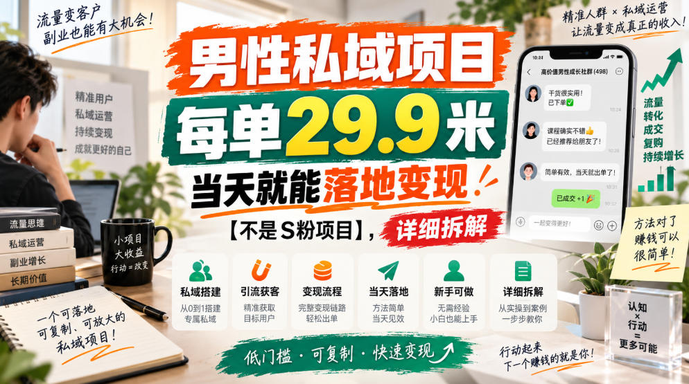 男性私域项目，每单29.9米，当天就能落地变现【不是S粉项目】，详细拆解-副业网