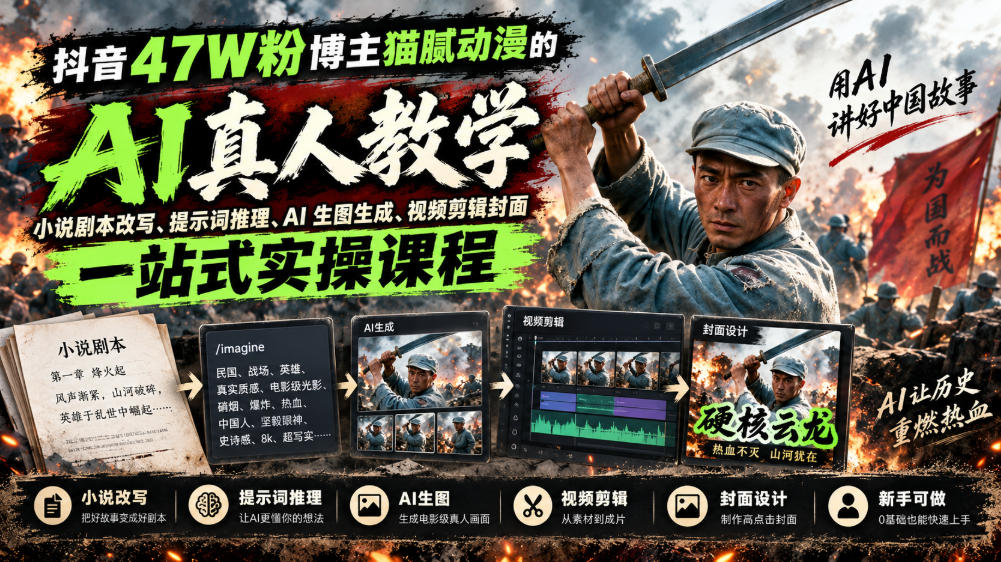 抖音47W粉博主猫腻动漫的AI真人漫剧教学,小说剧本改写、提示词推理、AI生图生成、视频剪辑封面一站式实操课程-副业网