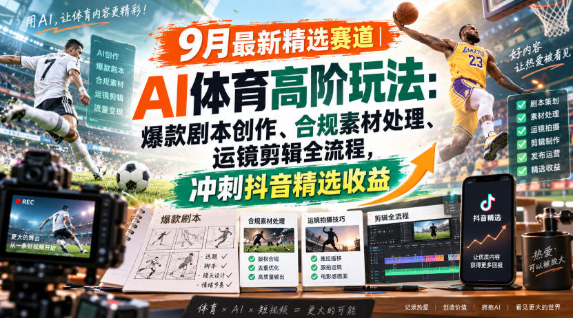 某大佬的9月最新精选赛道之AI体育顶级玩法，爆款剧本创作、版权规避、运镜剪辑全流程，稳拿抖音精选收益-副业网