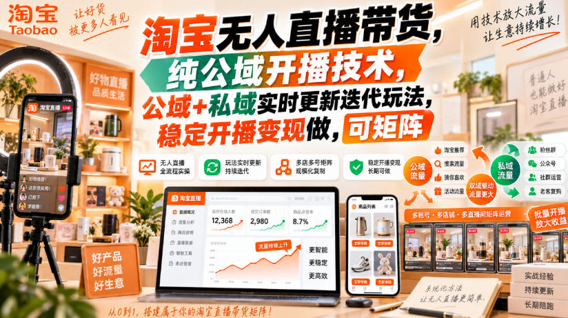 淘宝无人直播带货，纯公域开播技术，公域+私域实时更新迭代玩法，稳定开播变现做，可矩阵【揭秘】-副业网