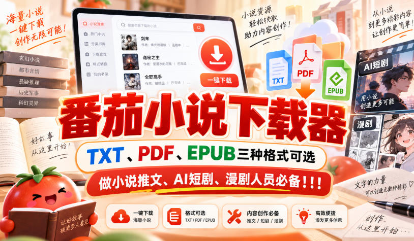 番茄小说下载器，TXT、PDF、EPUB三种格式可选，做小说推文、AI短剧、漫剧人员必备！！！-副业网