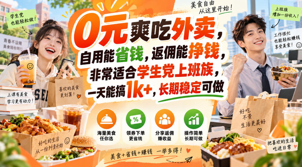 0元爽吃外卖，自用能省钱，返佣能挣钱，非常适合学生党上班族，一天能搞1k+，长期稳定可做-副业网