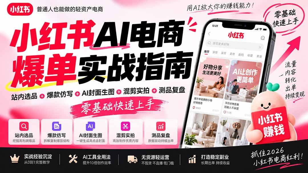 2026小红书AI电商爆单实战指南：站内选品+爆款仿写+AI封面生图+混剪实拍+测品复盘，零基础快速上手-副业网
