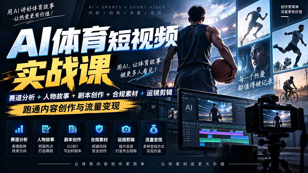 AI体育短视频赛道顶级玩法｜赛道分析+人物故事+剧本创作+版权处理+运镜剪辑，跑通流量变现-日赚1K+-副业网
