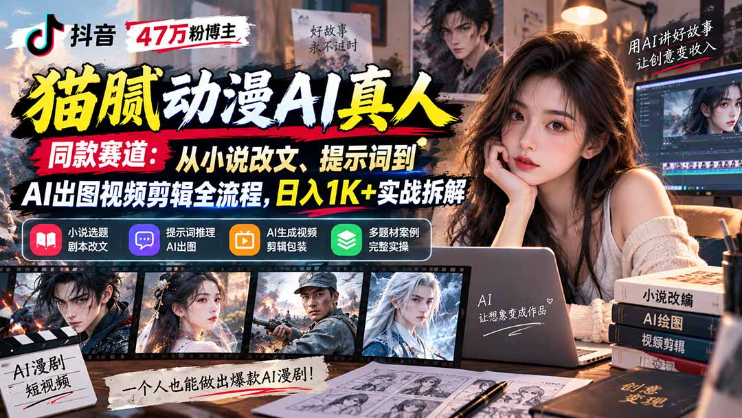 抖音47万粉博主猫腻动漫AI真人同款赛道：从小说改文、提示词到AI出图视频剪辑全流程，日入1K+实战拆解-副业网