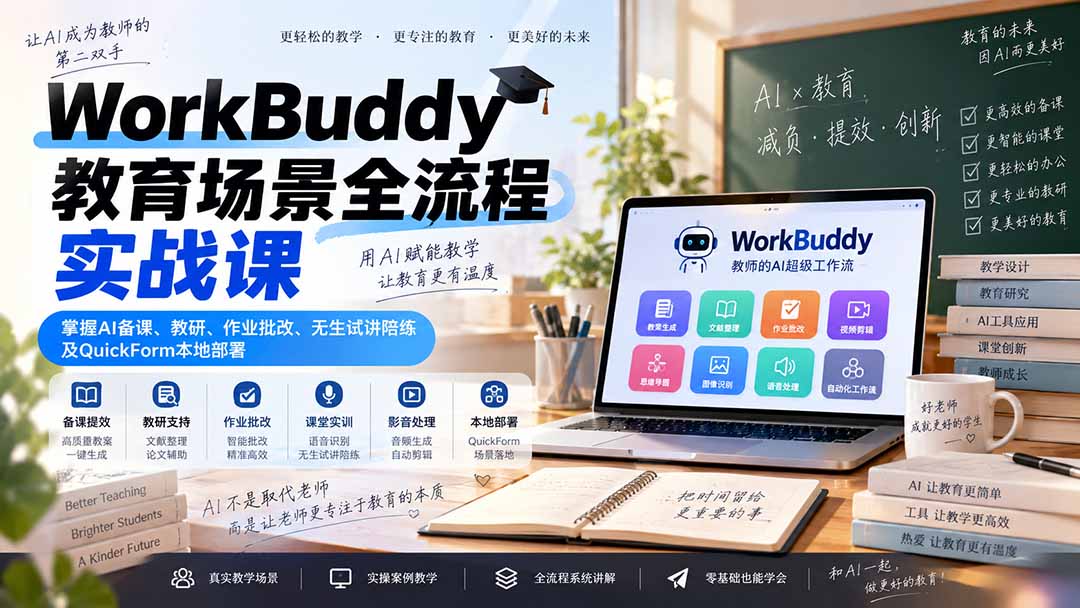 WorkBuddy教育场景全流程实战课：掌握AI备课、教研、作业批改、无生试讲陪练及QuickForm本地部署-副业网