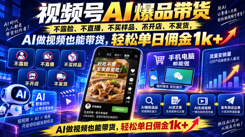 视频号Ai爆品带货，不露脸、不直播、不买样品、不开店、不发货，AI做视频也能带货，轻松单日佣金1k+-副业网