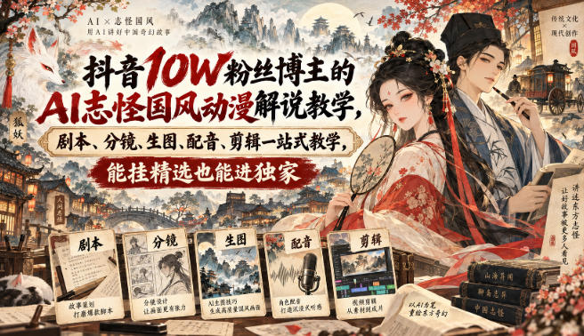 抖音10W粉丝博主满堂诡事的AI志怪国风动漫解说教学，剧本、分镜、生图、配音、剪辑一站式教学，能挂精选也能进独家​-副业网