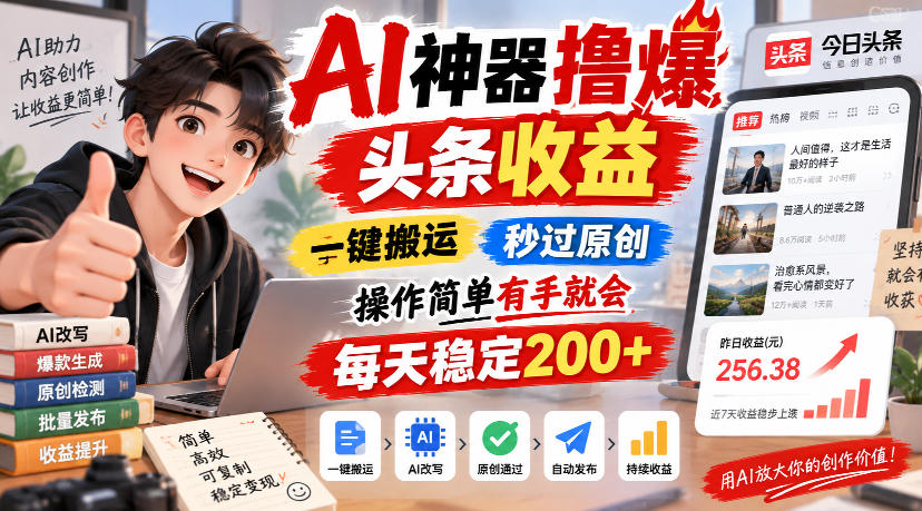 AI神器撸爆头条收益，一键搬运，秒过原创，操作简单有手就会，每天稳定200+【揭秘】-副业网