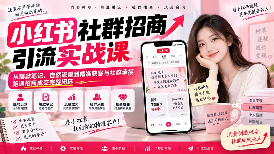小红书社群招商引流实战课-无水印：从爆款笔记、自然流量到精准获客与社群承接，跑通招商成交完整闭环-副业网