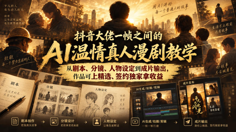 抖音大佬一帧之间的AI温情真人漫剧教学，从剧本、分镜、人物设定到成片输出，作品可上精选、签约独家拿收益-副业网