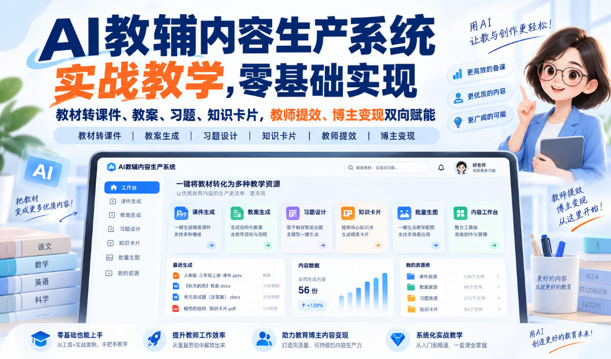 AI教辅内容生产系统实战教学,零基础实现教材转课件、教案、习题、知识卡片,教师提效、博主变现双向赋能-副业网