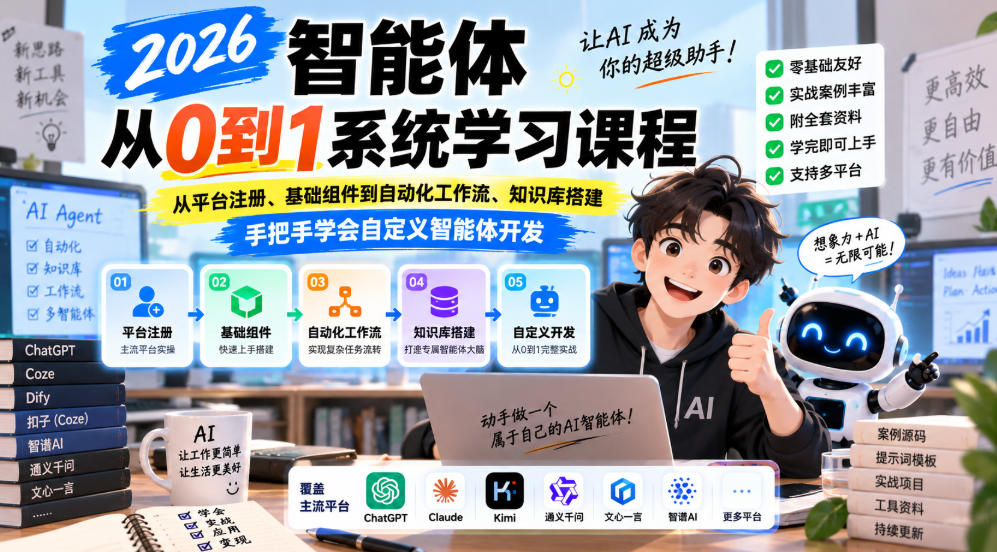 2026智能体从0到1系统学习课程，从平台注册、基础组件到自动化工作流、知识库搭建，手把手学会自定义智能体开发-副业网