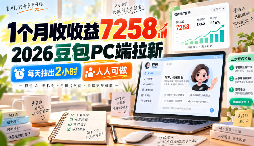 1个月收收益7258，2026豆包PC端拉新，每天抽出2小时，人人可做-副业网