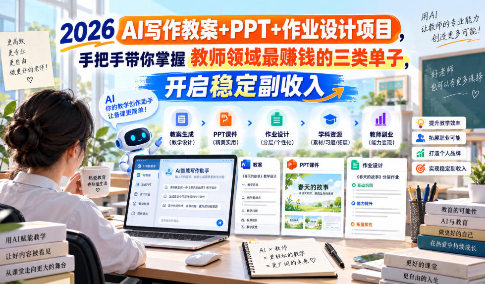 2026 AI写作教案+PPT+作业设计项目，手把手带你掌握教师领域最賺钱的三类单子，开启稳定副收入-副业网
