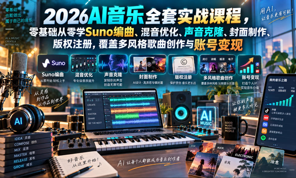 2026AI音乐实战课程，零基础从零学Suno编曲、混音优化、声音克隆、版权注册，覆盖多风格歌曲创作与账号变现-副业网