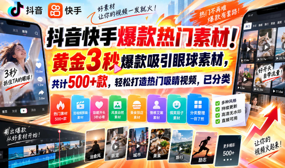 抖音快手爆款热门素材！黄金3秒爆款吸引眼球素材，共计500+款，轻松打造热门吸睛视频，已分类-副业网