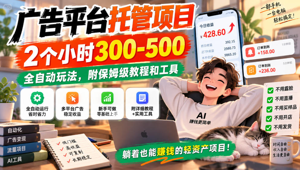 广告平台托管项目，2个小时300-500，全自动玩法，附保姆级教程和工具，小白照着就能做【揭秘】-副业网