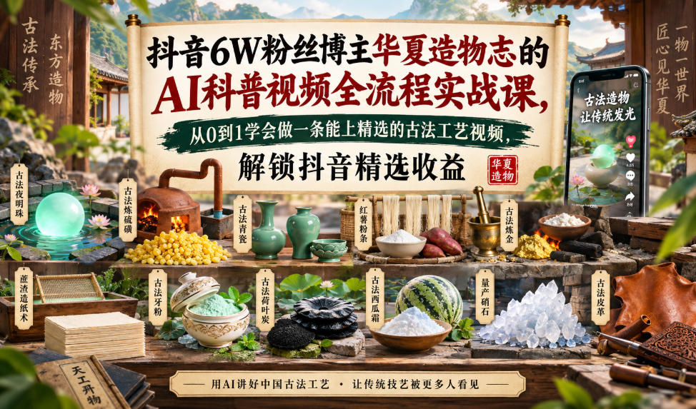 抖音6W粉丝博主华夏造物志的AI科普视频全流程实战课,从0到1学会做一条能上精选的古法工艺视频,解锁抖音精选收益-副业网