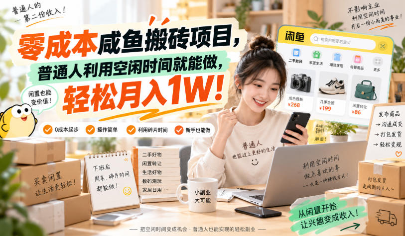 零成本咸鱼搬砖项目，普通人利用空闲时间就能做，轻松月入1W！【揭秘】-副业网