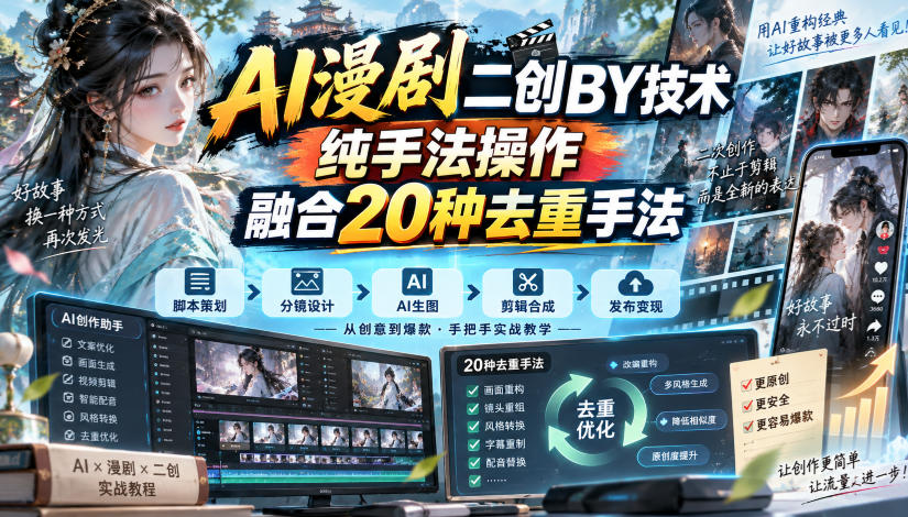 AI漫剧二创搬运技术，纯手法操作，融合20种去重手法-副业网
