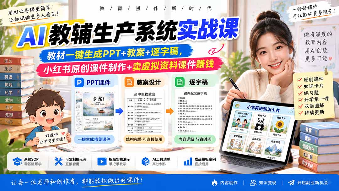 图片[2]-AI教辅生产系统实战课｜教材一键生成PPT+教案+逐字稿，小红书原创课件制作+卖虚拟资料课件赚钱-副业网