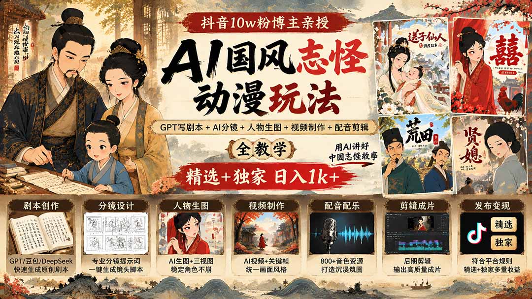 图片[2]-抖音10w粉博主亲授AI国风志怪动漫玩法｜GPT写剧本+AI分镜+人物生图+视频制作+配音剪辑全教学｜精选+独家日入1k+-副业网