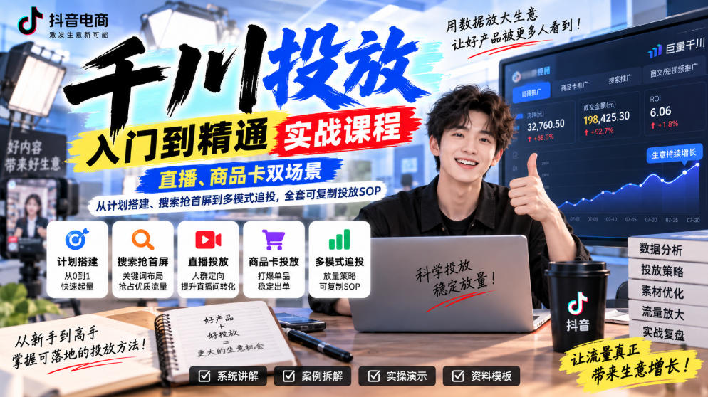 千川投放入门到精通实战课程，直播、商品卡双场景，从计划搭建、搜索抢首屏到多模式追投，全套可复制投放SOP-副业网