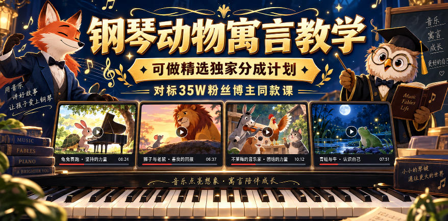 钢琴动物寓言教学，可做精选独家分成计划，对标35W粉丝博主同款课-副业网