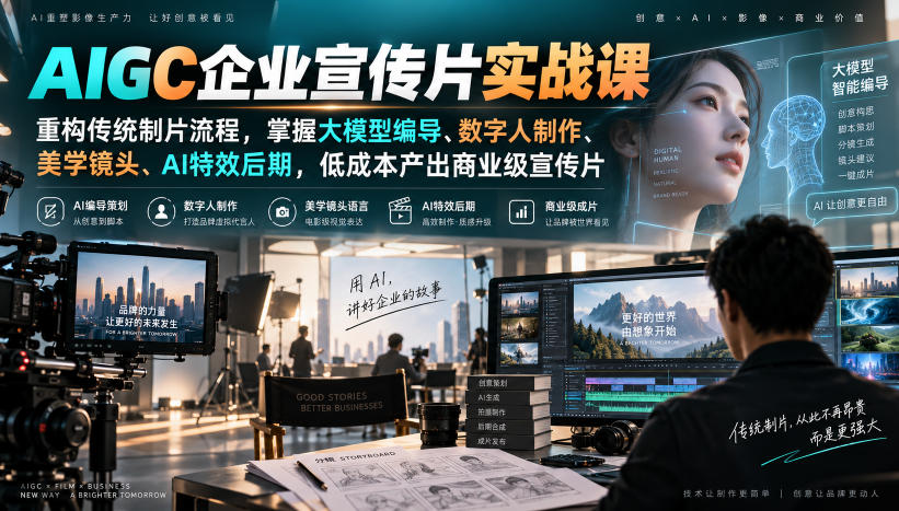 AIGC企业宣传片实战课，重构传统制片流程，掌握大模型编导、数字人制作、美学镜头、AI特效后期，低成本产出商业级宣传片-副业网