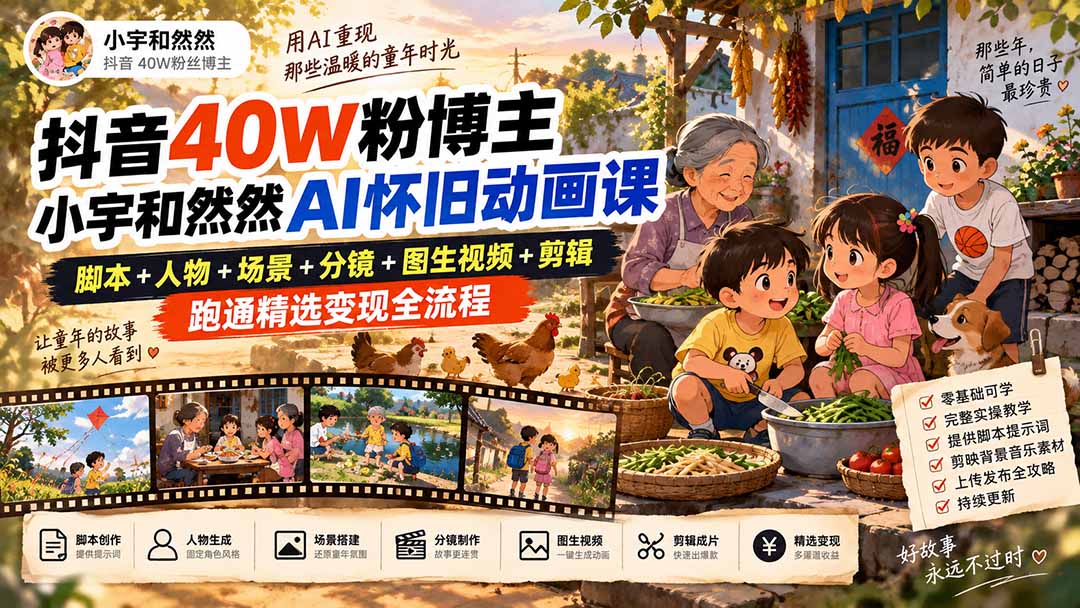 抖音40W粉博主小宇和然然AI怀旧动画课｜脚本+人物+场景+分镜+图生视频+剪辑，跑通精选变现全流程-副业网