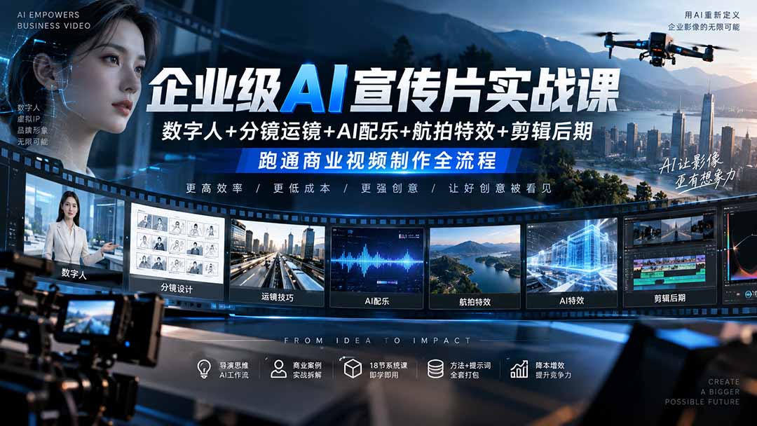 企业级AI宣传片实战课｜数字人+分镜运镜+AI配乐+航拍特效+剪辑后期，跑通商业视频制作全流程-副业网