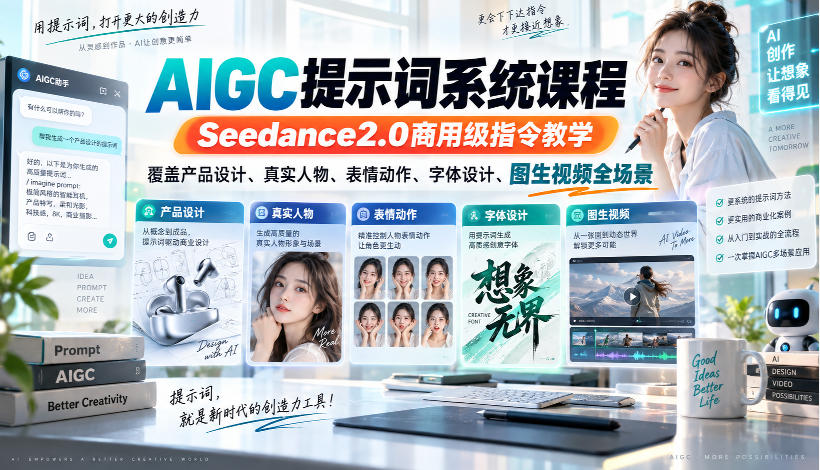 AIGC提示词系统课程，Seedance2.0商用级指令教学，覆盖产品设计、真实人物、表情动作、字体设计、图生视频全场景-副业网