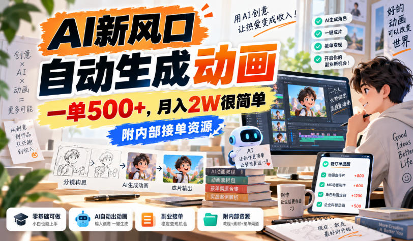 AI新风口，自动生成动画，一单500+，月入2W很简单，附内部接单资源【揭秘】-副业网