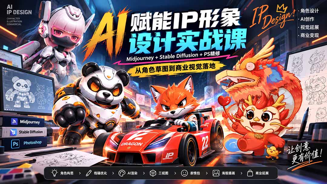 AI赋能IP形象设计实战课-无水印：Midjourney+Stable Diffusion+PS精修，从角色草图到商业视觉落地-副业网