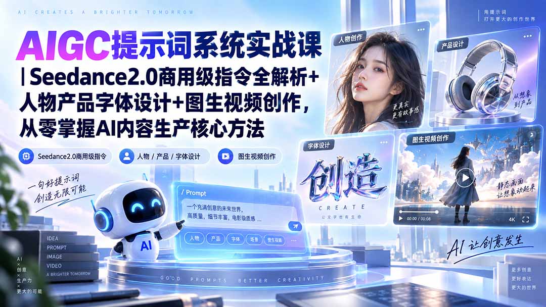AIGC提示词系统实战课-无水印｜Seedance2.0商用级指令全解析+人物产品字体设计+图生视频创作，掌握AI内容生产方法-副业网