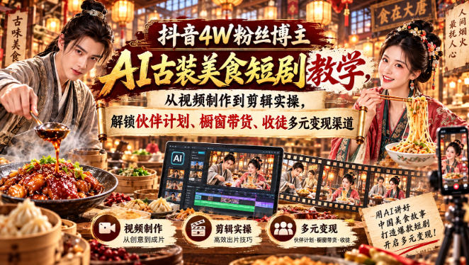 抖音4W粉丝博主AI古装美食短剧教学，从视频制作到剪辑实操，解锁伙伴计划、橱窗带货、收徒多元变现渠道-副业网