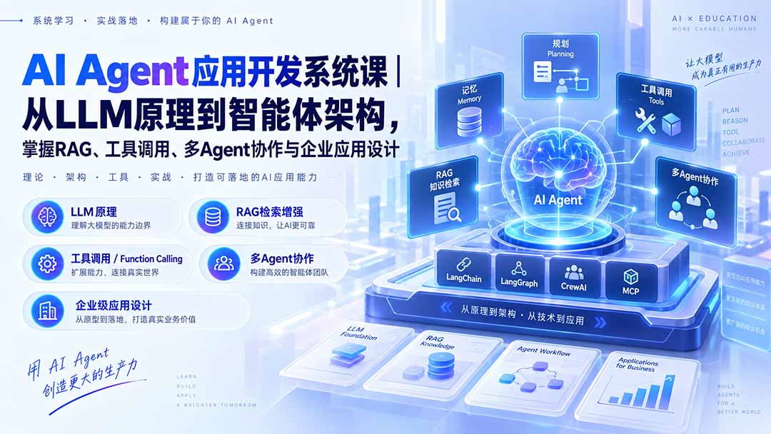 AI Agent应用开发系统课-179节｜从LLM原理到智能体架构，掌握RAG、工具调用、多Agent协作与企业应用设计-副业网
