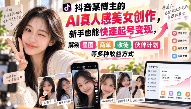 抖音某博主的AI真人感美女创作，新手也能快速起号变现，解锁星图，商单，收徒，伙伴计划等多种收益方式-副业网