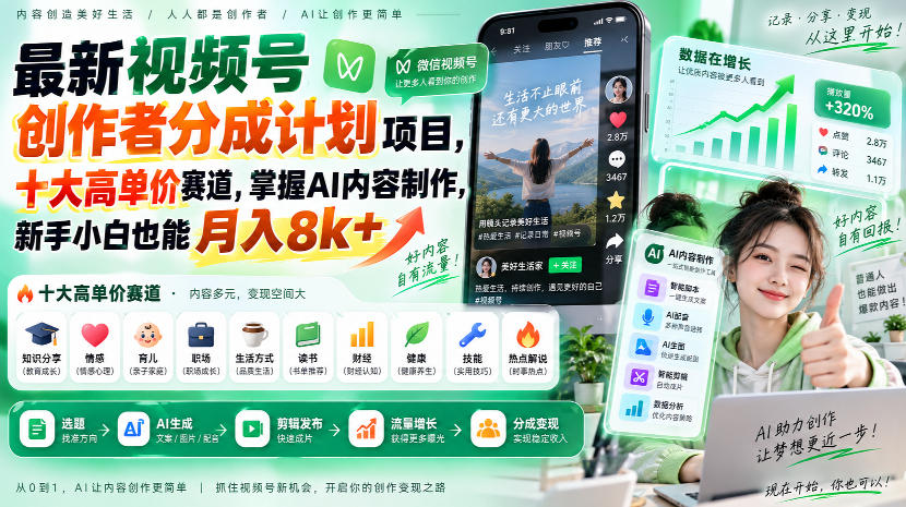 最新视频号创作者分成计划项目，十大高单价赛道，掌握AI内容制作，新手小白也能月入8k+-副业网