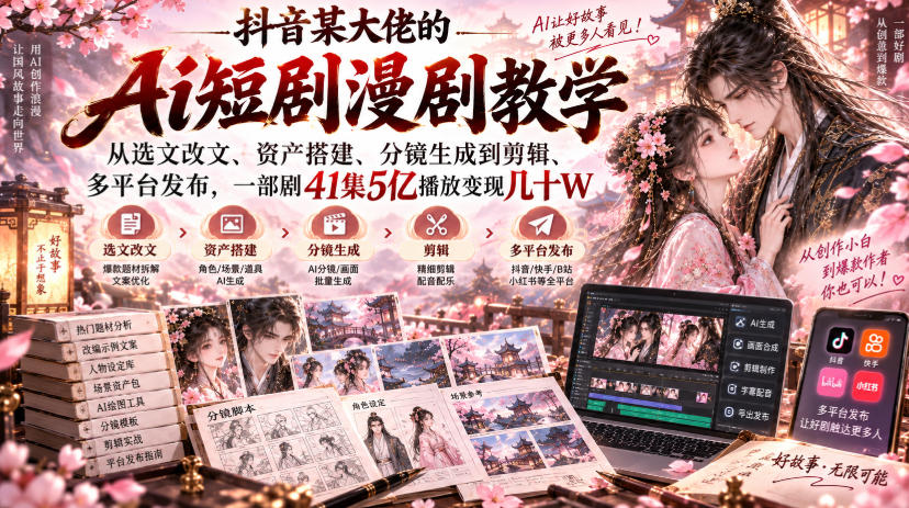 抖音某大佬的Ai短剧漫剧教学，从选文改文、资产搭建、分镜生成到剪辑、多平台发布，一部剧41集5亿播放变现几十W-副业网
