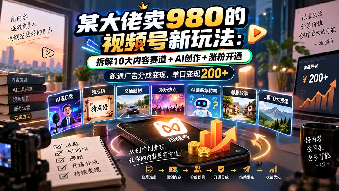某大佬卖980的视频号新玩法：拆解10大内容赛道+AI创作+涨粉开通，跑通广告分成变现，单日变现200+-副业网