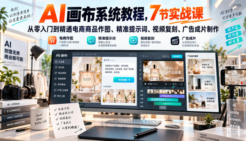 AI画布系统教程，7节实战课从零入门到精通电商商品作图、精准提示词、视频复刻、广告成片制作-副业网