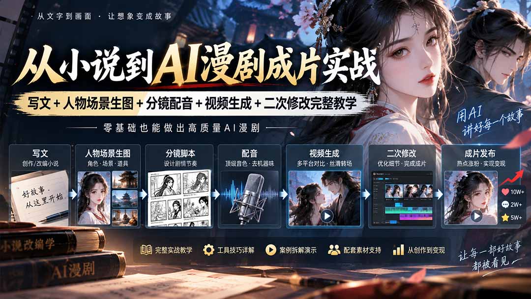 从小说到AI漫剧成片实战：写文+人物场景生图+分镜配音+视频生成+二次修改完整教学-副业网