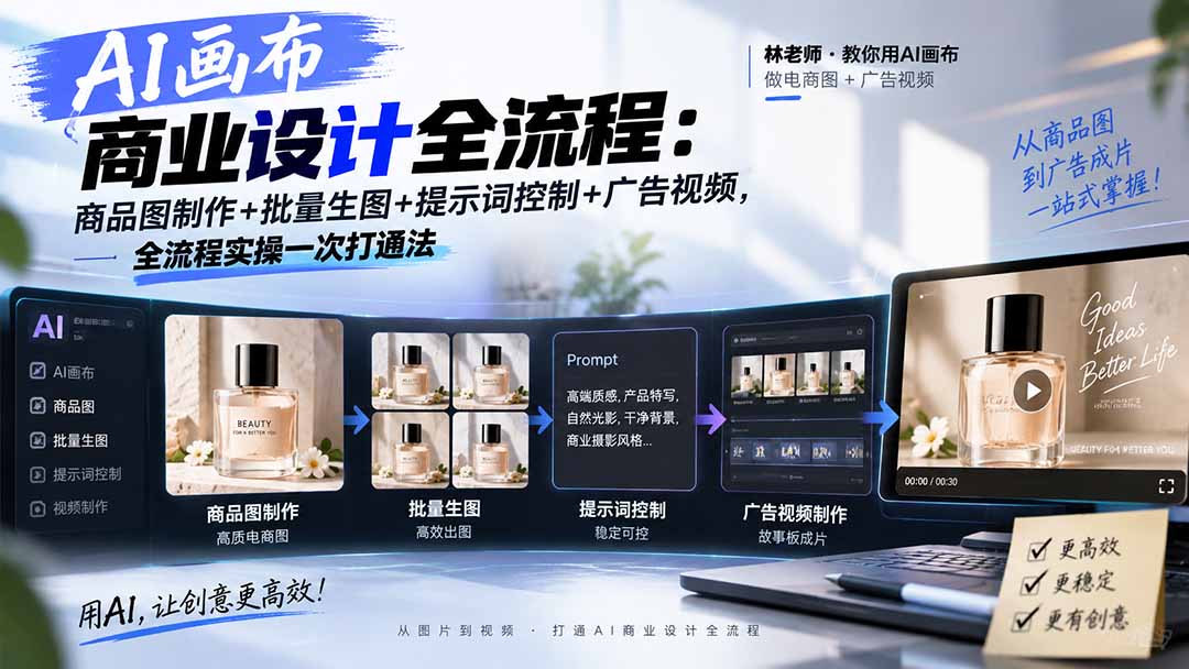 AI画布商业设计全流程：商品图制作+批量生图+提示词控制+广告视频，全流程实操一次打通法-副业网